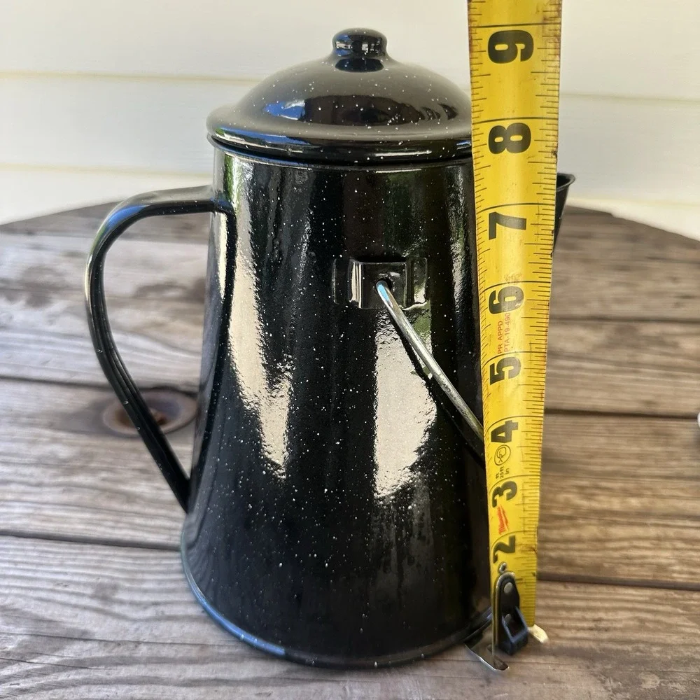 Vintage Black & White Speckled Enamelware Percolator Camping Cowboy Coffee Pot